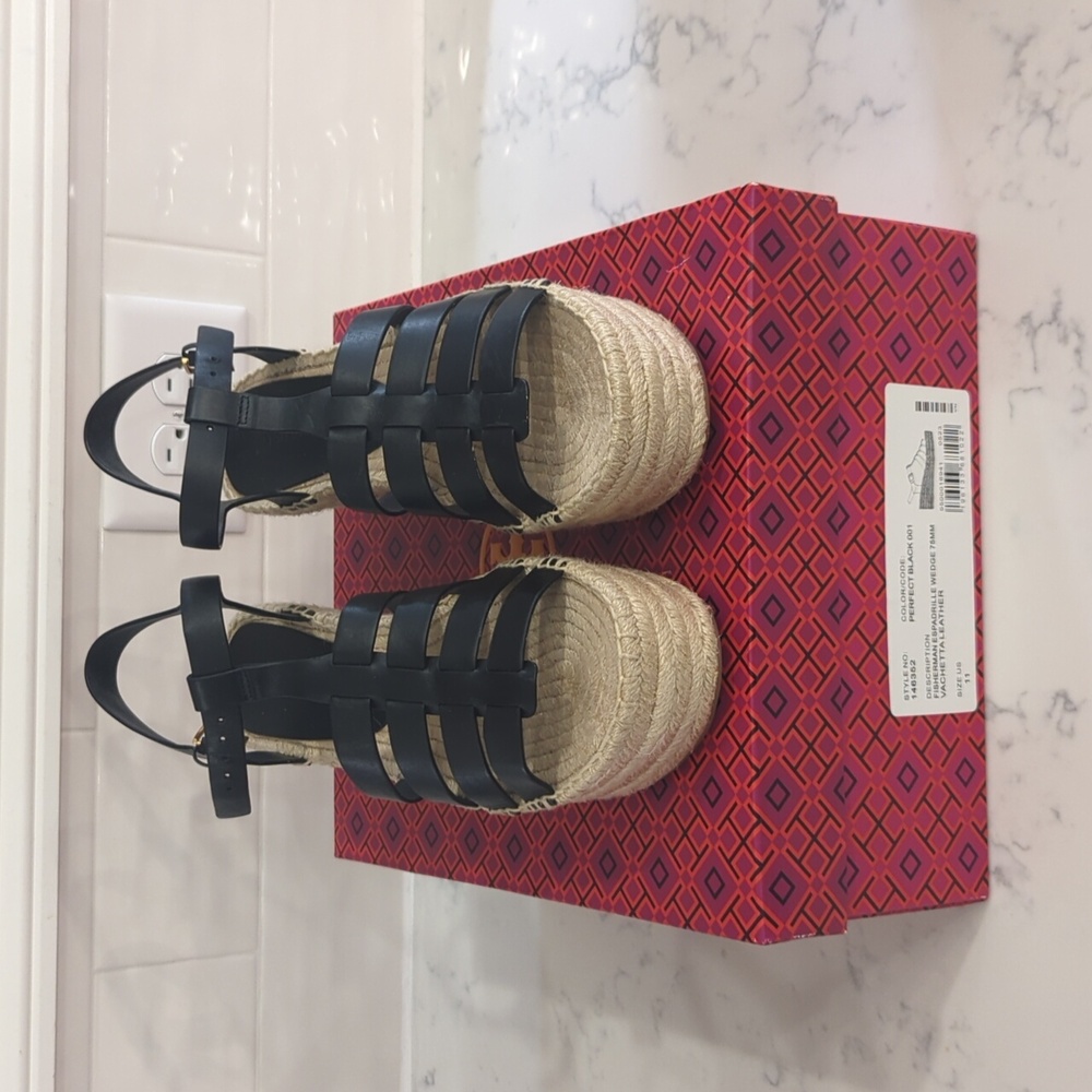 Tory Burch Black Leather Espadrille Wedge Sandals